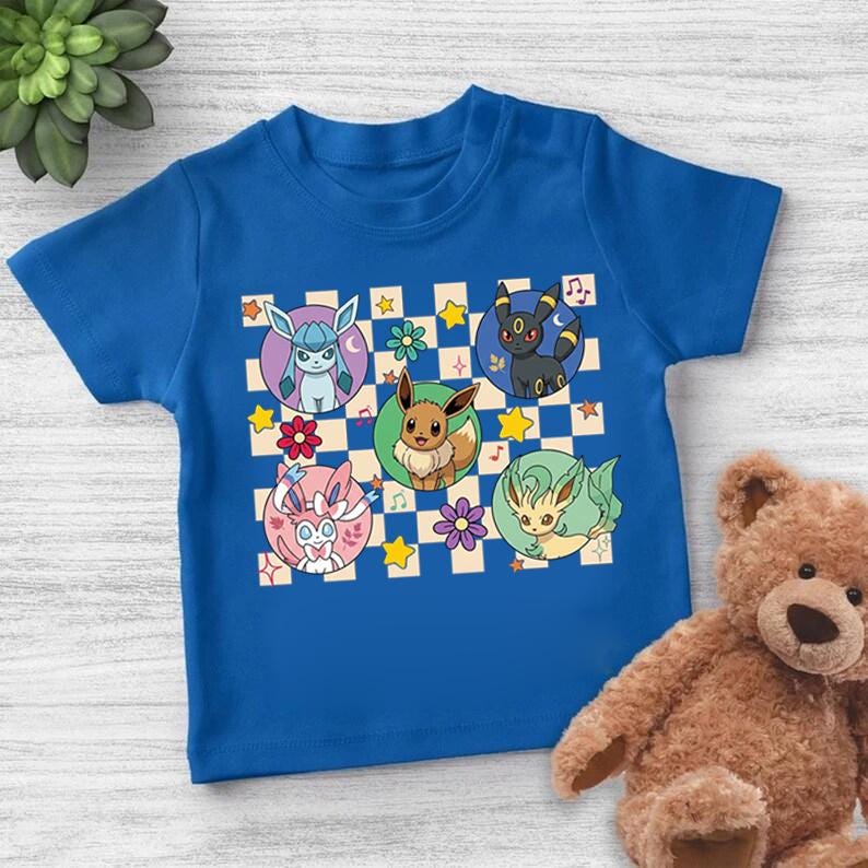 Custom Eevee Evolutions Kids Shirt, Personalized Anime Grid Tee, Retro Checkered Youth Clothes, Cute Cartoon Toddler Graphic Tee, Red 100