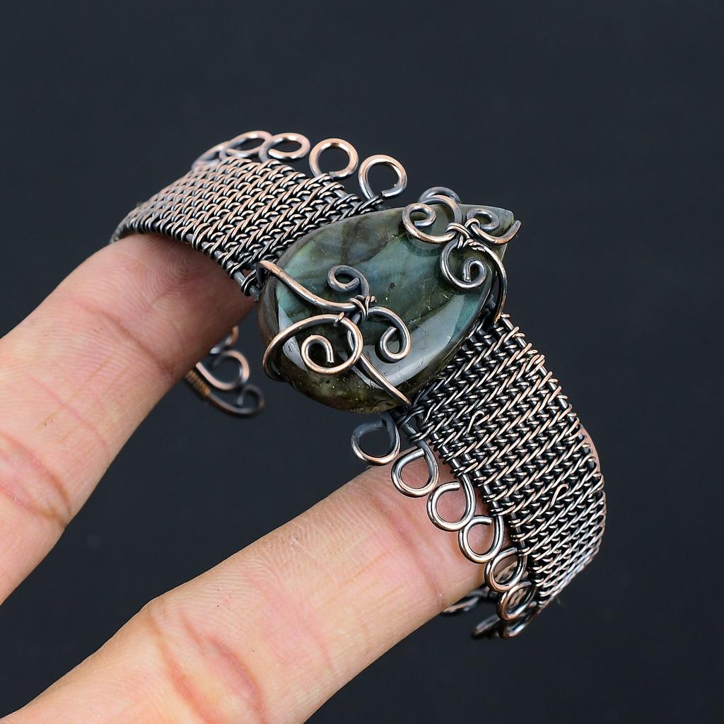 Labradorit Handgjord Koppartrådsinlindad Armring Justerbar w2W05