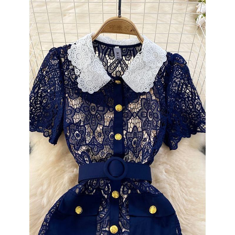 Doll Collar Cut Out Lace Dress Elegant Short Sleeve