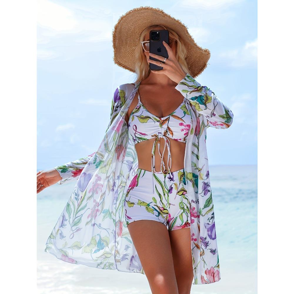 Bikini de Tres Piezas para Mujer con Pantalones Cortos tipo Boy Short, Bañador de Moda con Lazo y Cubre Traje de Playa