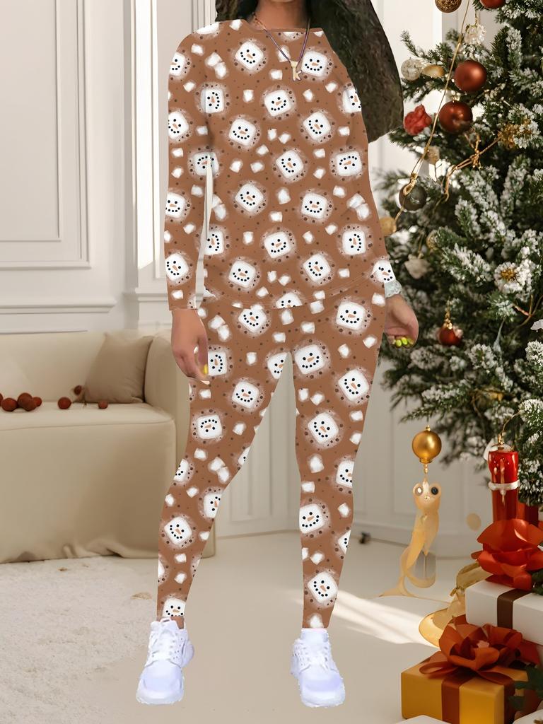 Damski 2-częściowy strój ze świątecznym nadrukiem: Top z długim rękawem z okrągłym dekoltem i spodnie, świąteczny limitowany casualowy strój na imprezę, prezent