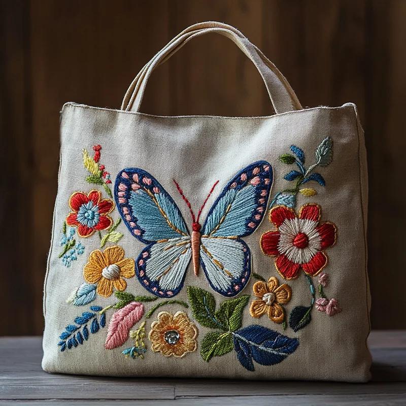 DIY Linen Tote Bag Cross Stitch Sewing Needlepoint Embroidery Kit with Stamped Flower Butterfly Pattern Hoops Threads