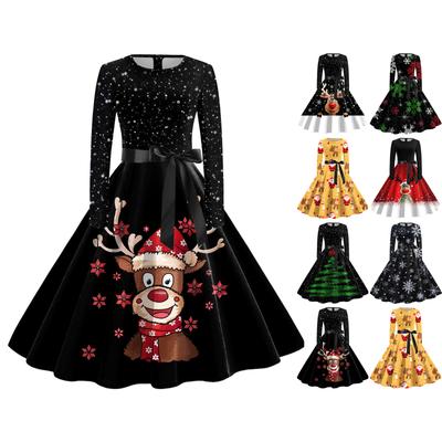Women's Casual Fashion Long Sleeve Christmas Graphic Printed Vintage Long Dresses