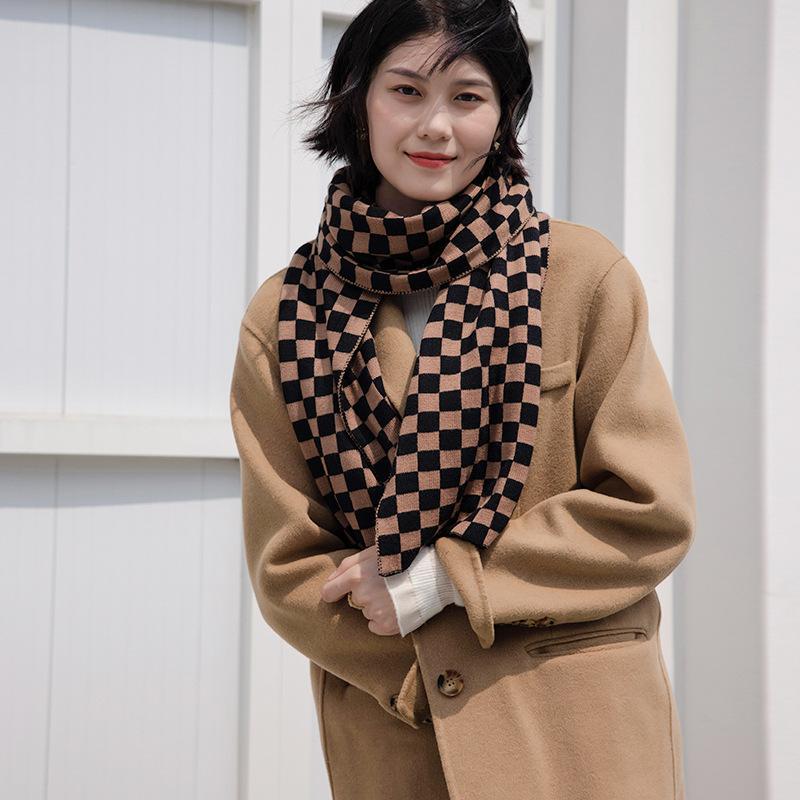Checkerboard Scarf New Warm Mid Length Printed Plaid Scarf Japanese and Korean Sweet Knitted Scarf for Women