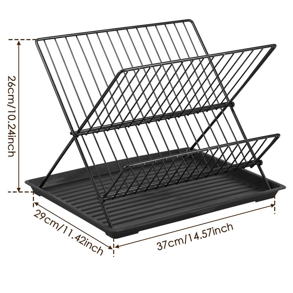 Dish Drying Rack with Drip Tray 2-Tier Compact Kitchen Dish Rack Foldable Dish Drainer Rack Kitchen Plate Organizer Utensil Rack