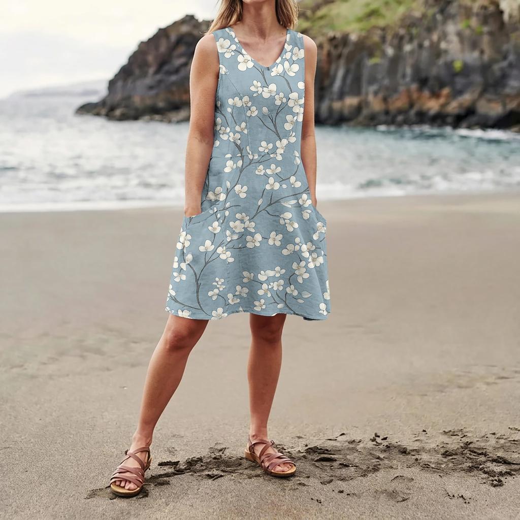 Women Sleeveless V Neck Casual Dress with Pockets Floral Print Relaxed Fit Summer A Line Dress for Daily Wear