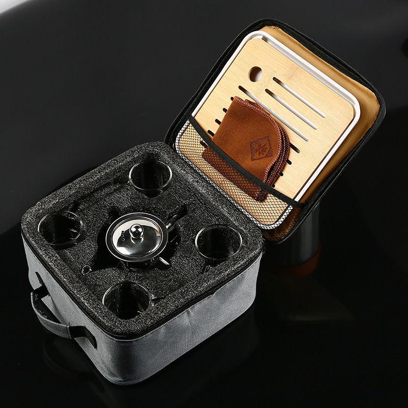 Juego de té chino Gongfu portátil Tetera de vidrio de borosilicato resistente al calor Bandeja de té Juego de tazas de té Una tetera de cuatro tazas Bolsa de regalo
