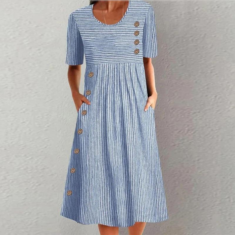 Fashion New Cotton and Linen Striped Loose Version Short-sleeved Crew Neck Dress