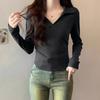 Dunkelgraues Langarm-T-Shirt für Damen im Frühherbst, neuer Polokragen, schmale Passform, plissierte Taille und altersreduzierendes Unterhemd im Westernstil