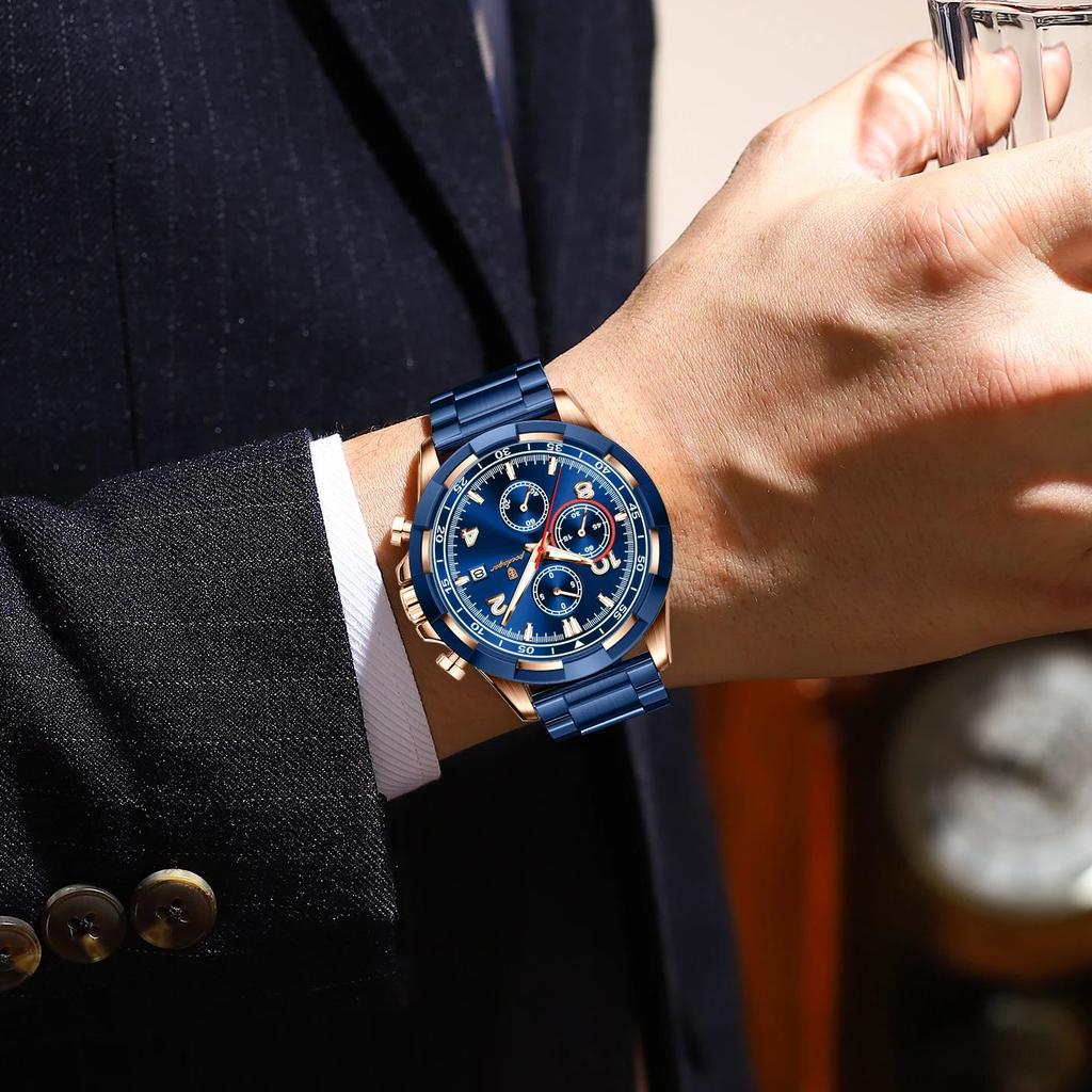 POEDAGAR Fashion Men's Wristwatch Luminous Waterproof Stainless Steel Man Watch Chronograph Date Business Quartz Watches For Men