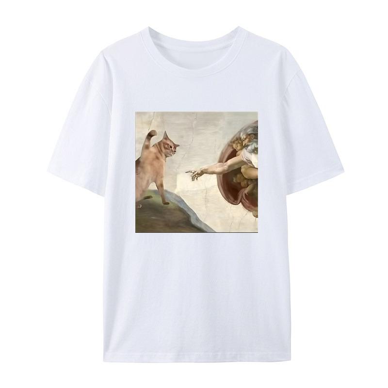 Mythical Oil Painting Cat Funny Fun White Casual Tshirt Mens and Womens Luxury Brand Top