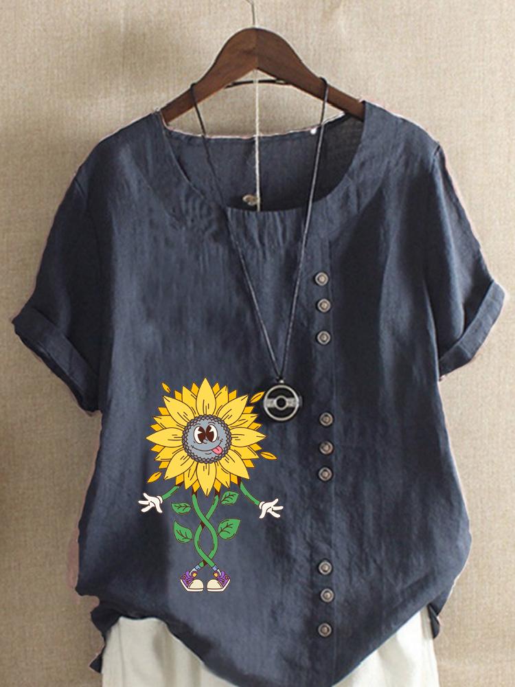 Women's Fashion Abstract Sunflower Print Casual Cotton Linen Short Sleeve Round Neck T-shirt Shirt Leisure Loose Summer Blouse Tops