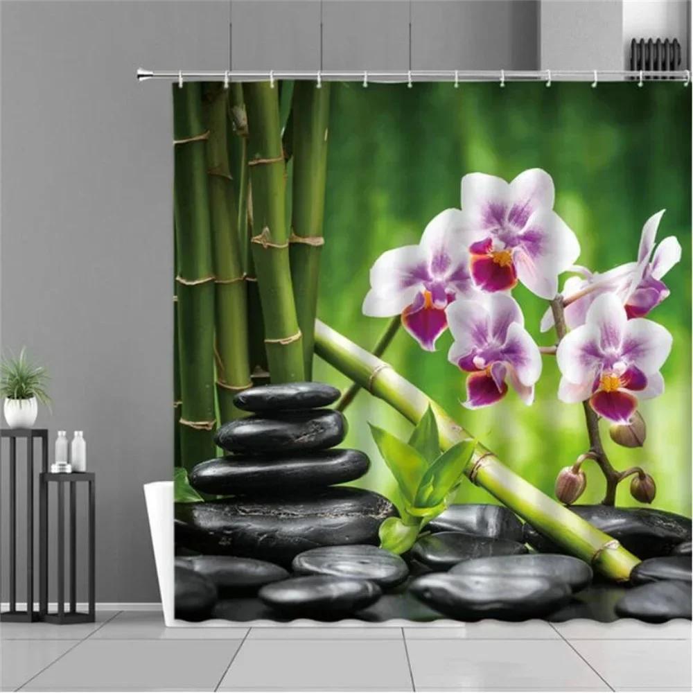 Zen Green Bamboo Shower Curtains Stone Buddha Lotus Candle Asian Japanese Spa Garden Scenery Bath Curtain Fabric Bathroom Decor