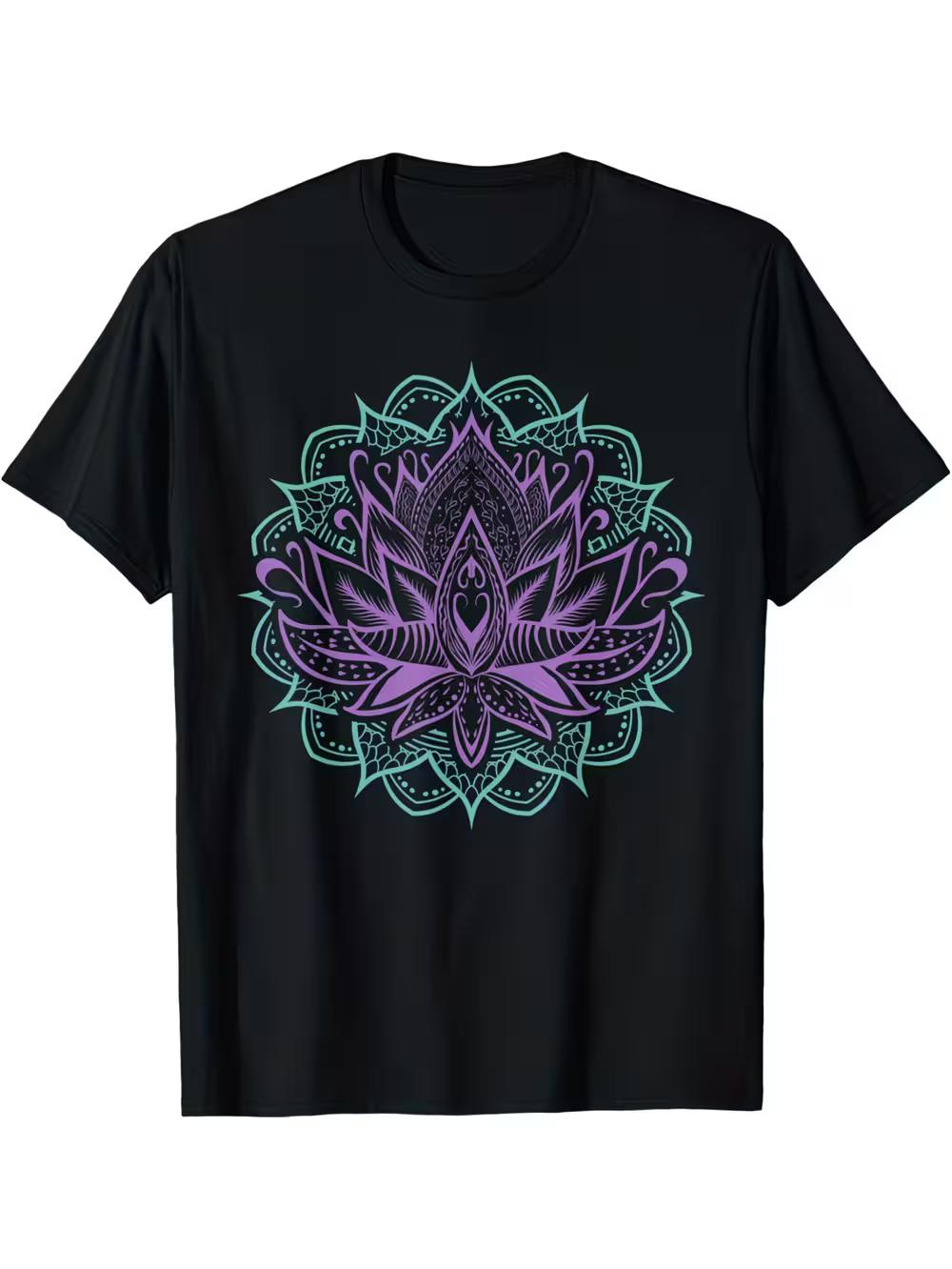 Vibrant Purple & Teal Mandala for Lotus Yoga T-Shirt | Fractal Geometry Print XXL
