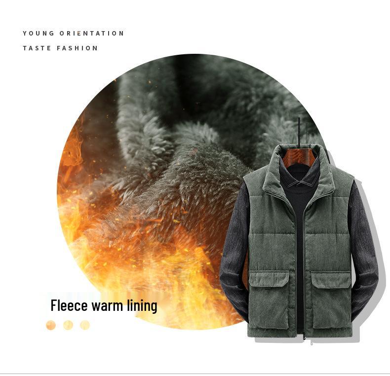 Men's Winter Fleece-Lined Corduroy Vest - Thick, Plus Size, Stand Collar, Sleeveless Jacket with Multi-Pocket Design.