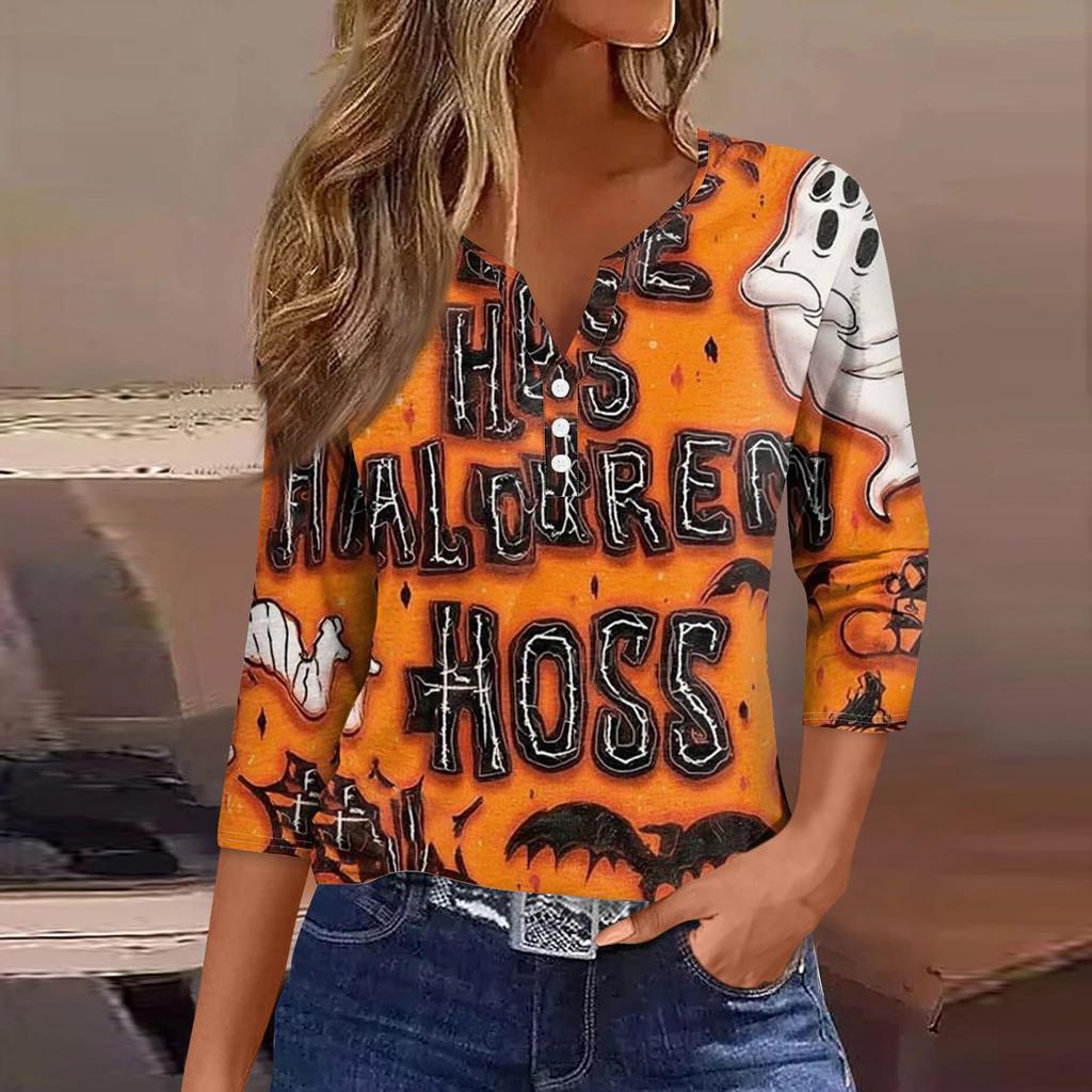 Women's V-Neck Button Halloween Three-quarter Sleeve T-Shirt Top