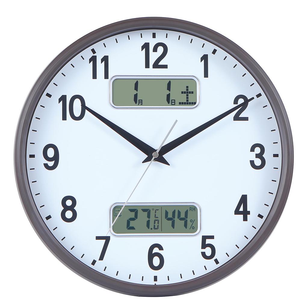 Nástěnné hodiny Nbdeal Tichý plynulý chod sekundové ručičky Analogový kalendář Zobrazení teploty a vlhkosti Průměr 32 cm Hnědé LCD-4478