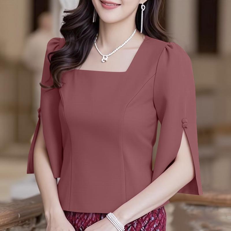 

ZANZEA Women Elegant Square Neck Casual Split 3/4 Sleeve Plain Blouse 5XL камея рожевий колір