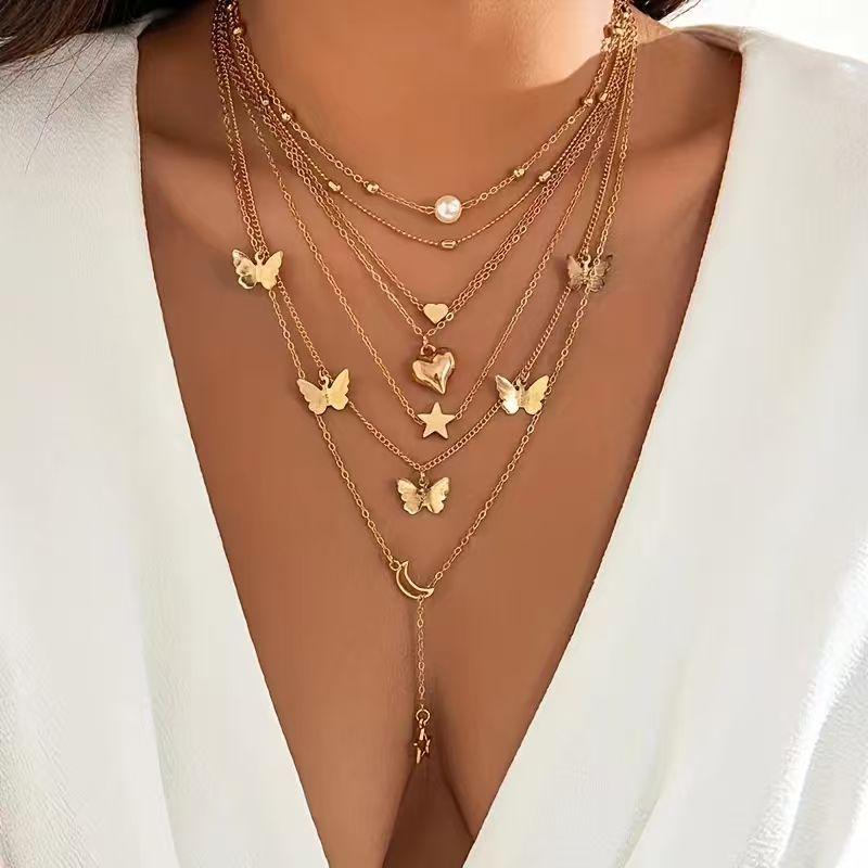 Creative Retro Butterfly Tassel Necklace with Multi-layer Moon Heart Clavicle Chain
