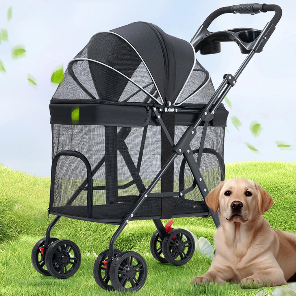 Passeggino Pieghevole per Animali Domestici Rete Traspirante con Tettuccio Apribile in 2 Modi Vassoio Cibo Rimovibile Portabicchieri Passeggino da Viaggio per Gatti Cani Cani Medi Grandi