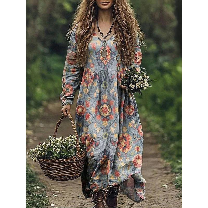 DAFIFY Moda damă primăvară toamnă cu imprimeu cu mâneci lungi cu decolteu în V talie lejeră rochii casual