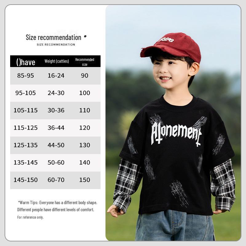 Nausicaa Spring 2025 Plaid Faux Two-Piece Letter T-Shirt for Boys – Trendy Korean Style