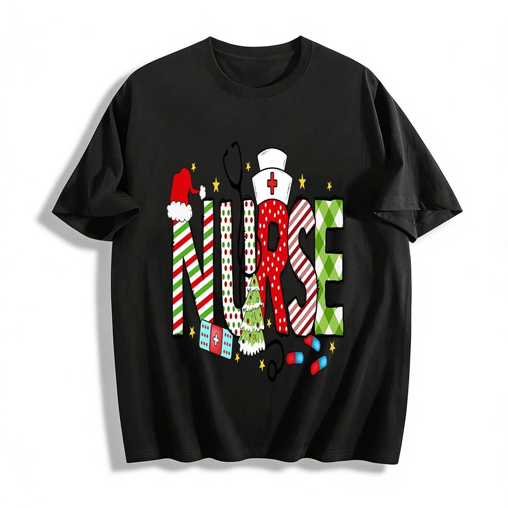 Christmas Themed Nurse Print Casual Top Pure cotton T-shirt XXS