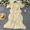 French gentle wind niche heavy industry hollowed crochet knitted dress women's autumn metal buckle waist split long dress