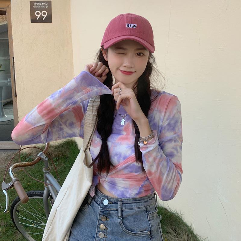 Sun Protection Clothing Inner Long-Sleeve Tie-Dye T-shirt Women's Summer Mesh Base Layer Thin Ice Silk Top Cover-up