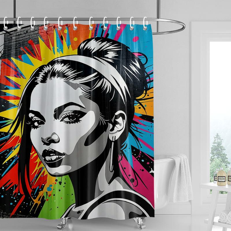 Vintage portrait shower curtain-black and white with orange decoration, distressed texture bathtub shower curtain