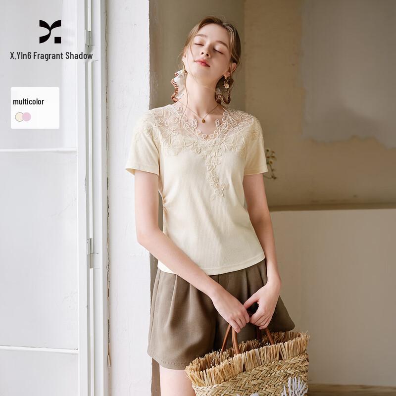 Elegant French Lace V-Neck Short-Sleeve Top S