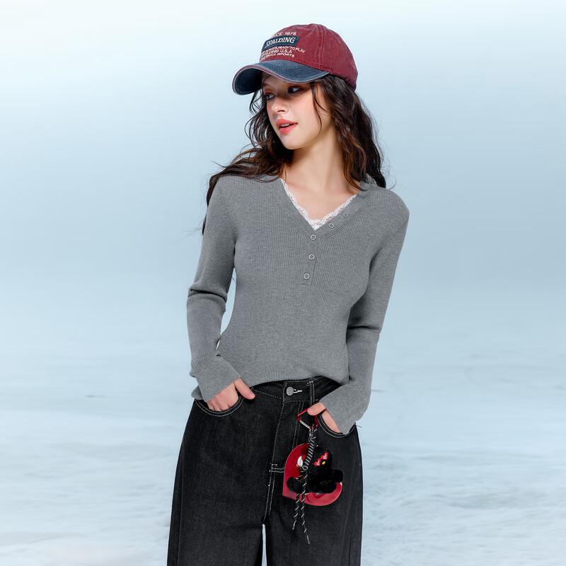 

Sancai Women s Winter Lace V-Neck Slim-Fit Knit Top XL