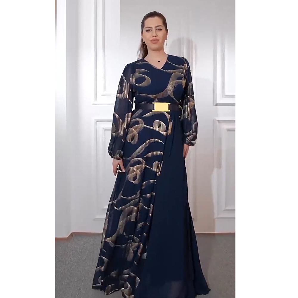 Vestido de Chiffon Color Block para Noite Plus Size com Cinto - Estilo Europeu e Americano