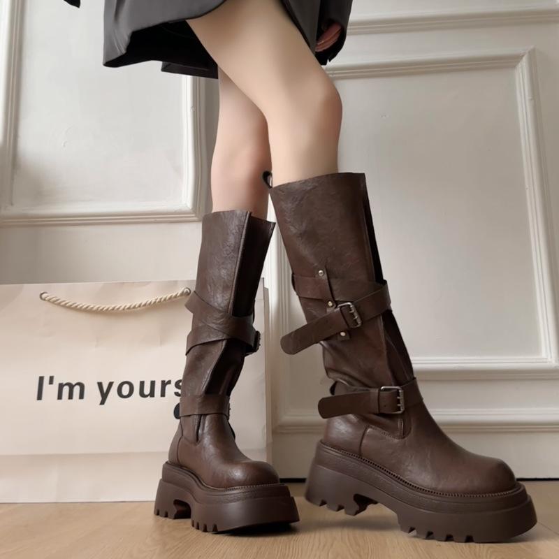 

Женские ботинки на толстой подошве 7 см, новая осенняя коллекция 2025 года, коричневые ботинки, ботинки в стиле Майяр, высокие тонкие ботинки 40 темно-коричневого