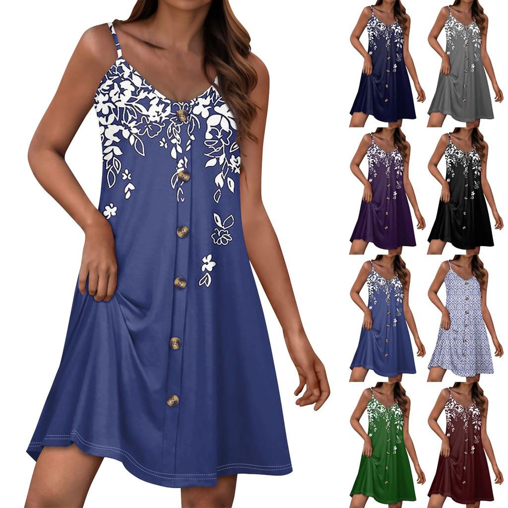 Sommerkleider für Damen, Spaghettiträger, Knopfleiste, lässiges Sommerkleid, Strandkleid mit Taschen
