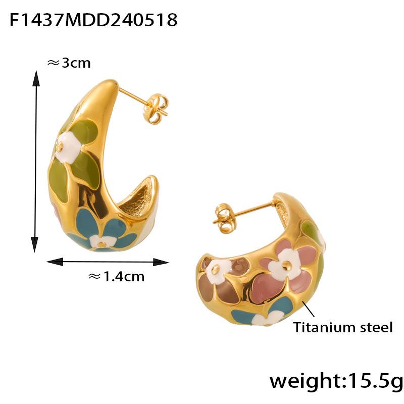 European-American Retro Geometric Titanium Steel Earrings with Colorful Flower Design