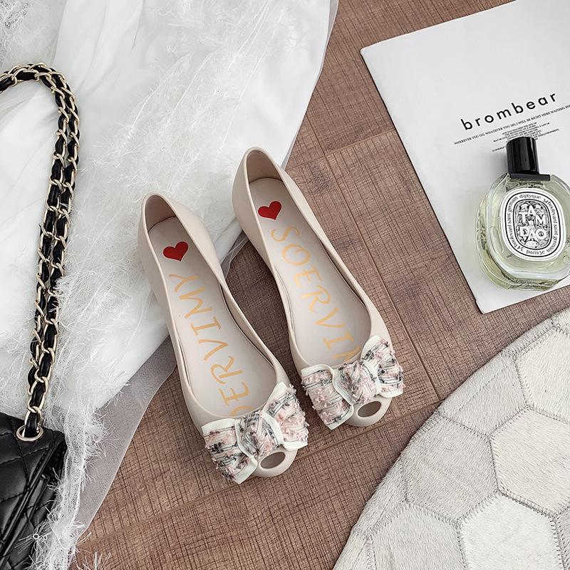 Желейные одинарные туфли женские модные пластиковые плоские подошвы с внутренней стороны увеличивающие рост туфли с рыбьим ртом туфли в стиле суда с бантом женские 35 2638₽