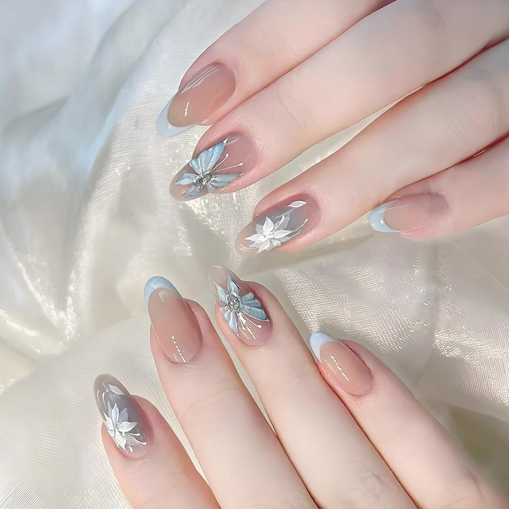 French Style Blue Ombre False Nails 24PCS Reusable Press On Nails With Butterfly Design Lightweight Durable ABS For Daily Wear
