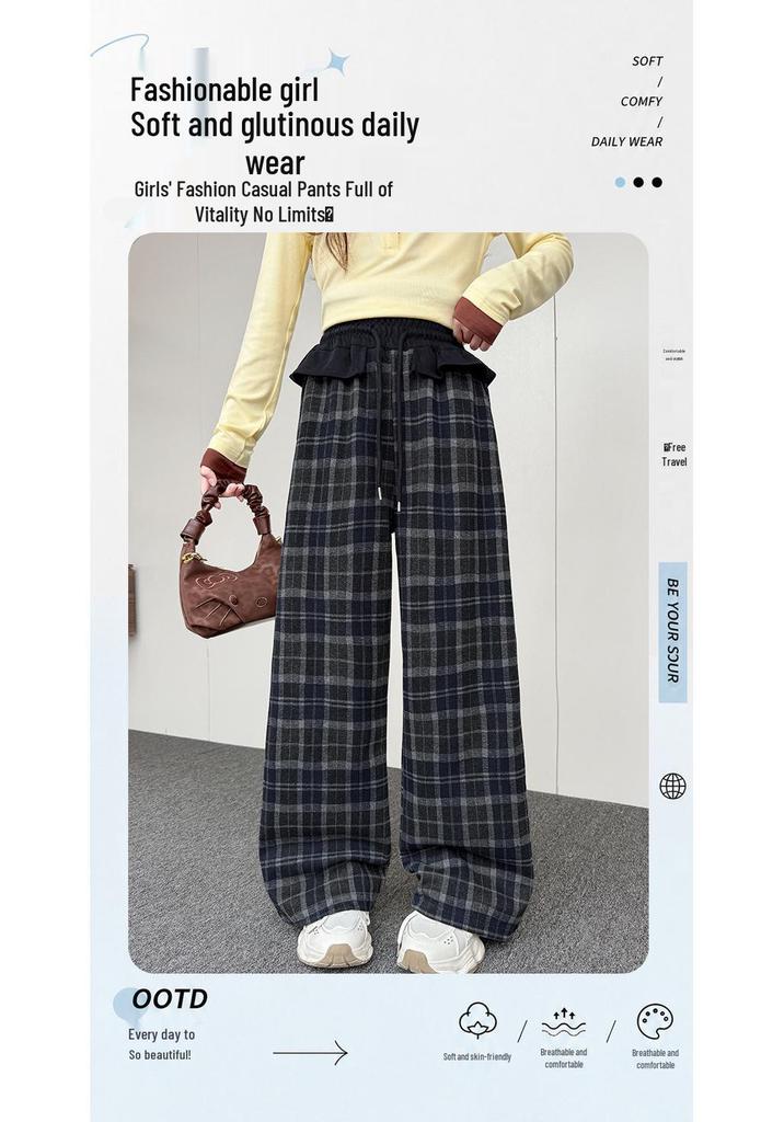 Girls' Plaid Wide-Leg Trousers with Lace Waist - Autumn 2026 Collection for Medium and Large Children.