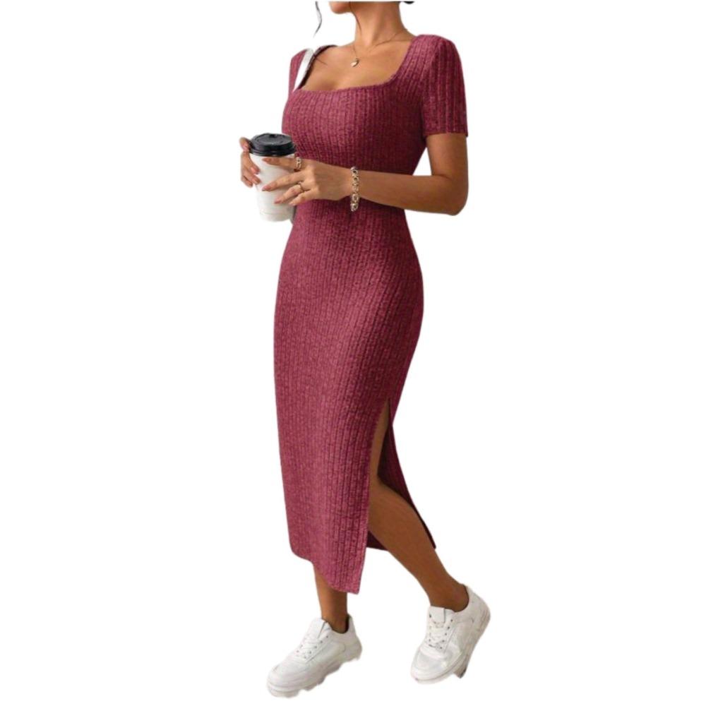 Summer Square Neck, Hip-Hugging Mid-Length Skirt, Short-Sleeved, Versatile Knitted Slit Dress
