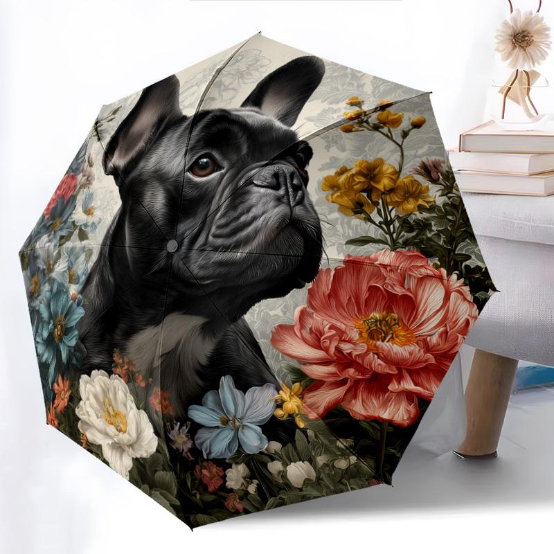 0106 Floral Black Dog  pattern, automatic folding umbrella, portable and foldable design, 8 ribs, a Christmas or birthday gift.