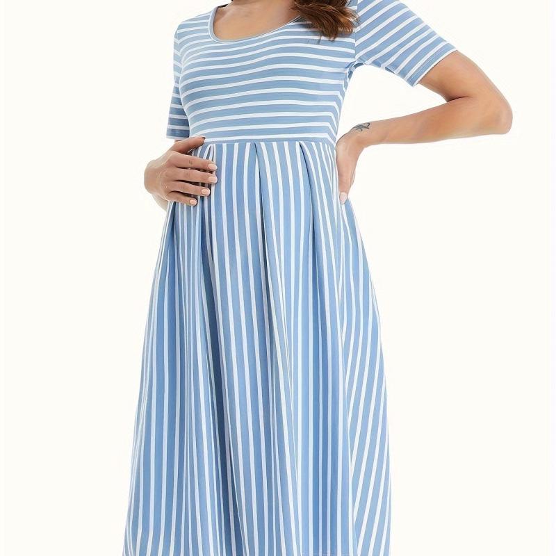 

L73317L Crew Neck Striped Maternity & Nursing Dress Extra Large