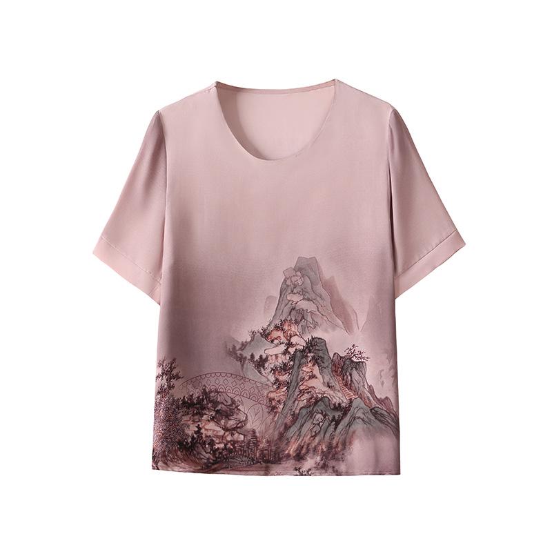 2025 Summer Short-Sleeve Chiffon Blouse for Middle-Aged and Elderly Women - Fashionable Printed T-Shirt Top