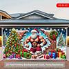 2D Christmas Garage Door Backdrop, Funny Buff Santa Holiday Background Cloth for Outdoor Decoration
