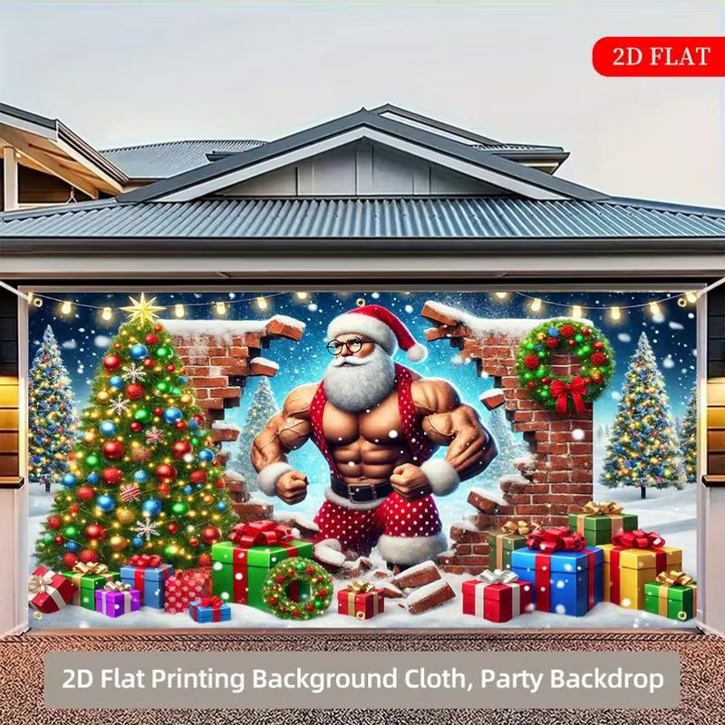 2D Christmas Garage Door Backdrop, Funny Buff Santa Holiday Background Cloth for Outdoor Decoration