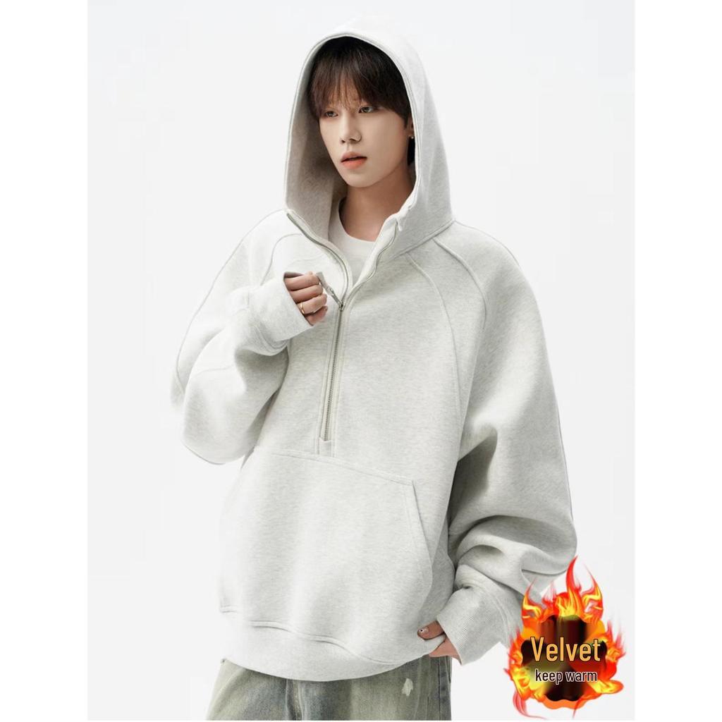Men's Heavyweight High Street Half-Zip Hoodie - Autumn/Winter Casual Loose Fit Sweatshirt