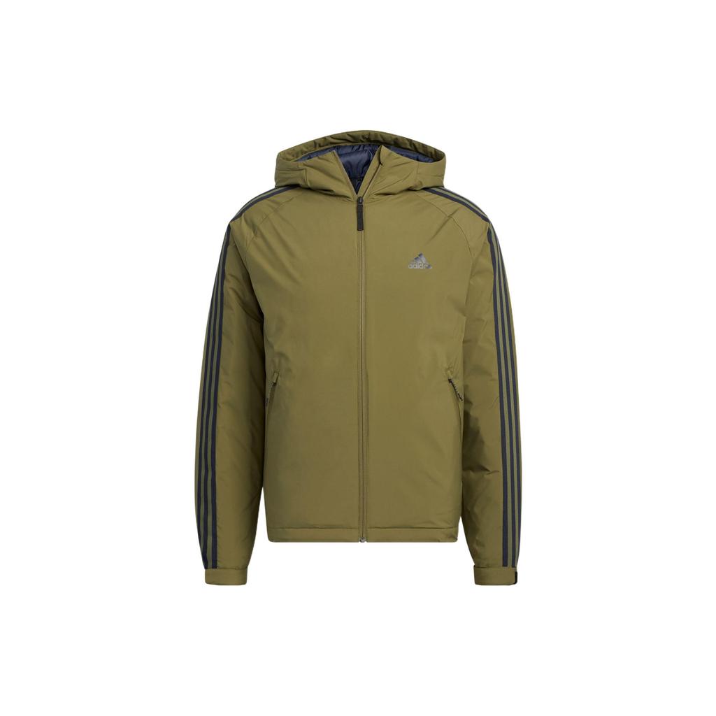 Adidas Solid Color Logo Stripe Print Hooded Zipper Down Jacket Men Outerwear Green HN2120