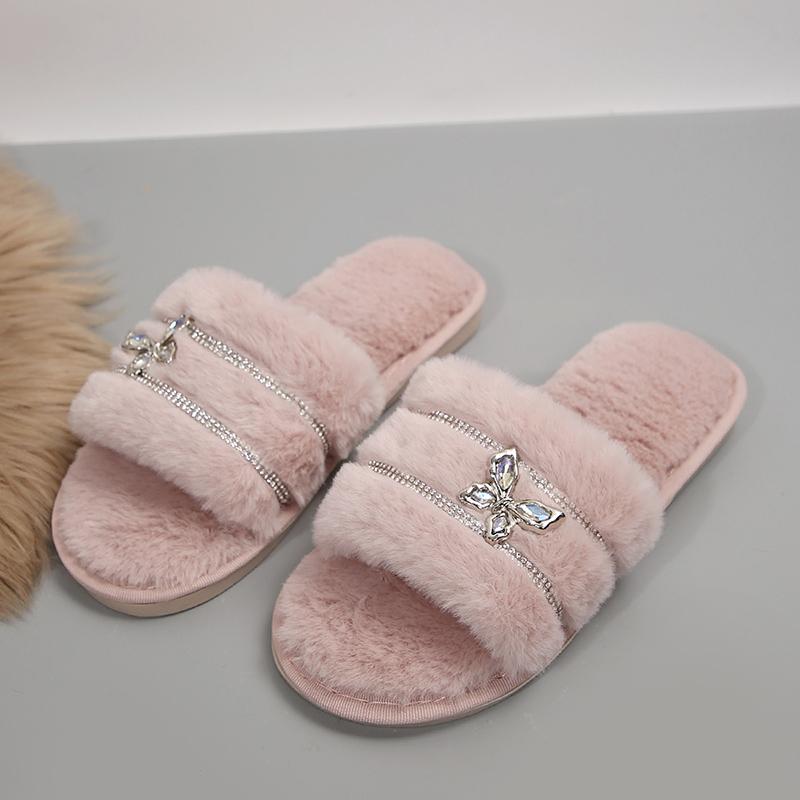 Metal Butterfly Decor Plush Slippers Women Indoor Home Open Toe Faux Fur Slides Woman Shiny Crystal Comfortable Fluffy Slippers