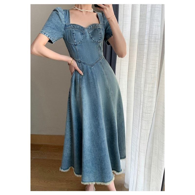 Blue Denim Dress Women's All-match Summer Design French Retro Slim Square Collar Long Skirt