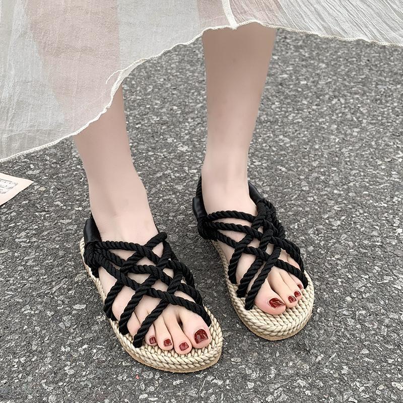 Sandals Women's Hemp Rope Weaving 2025 Summer New Handmade Straw Shoes Internet Celebrities Versatile Wear Roman Beach Sandals Women
